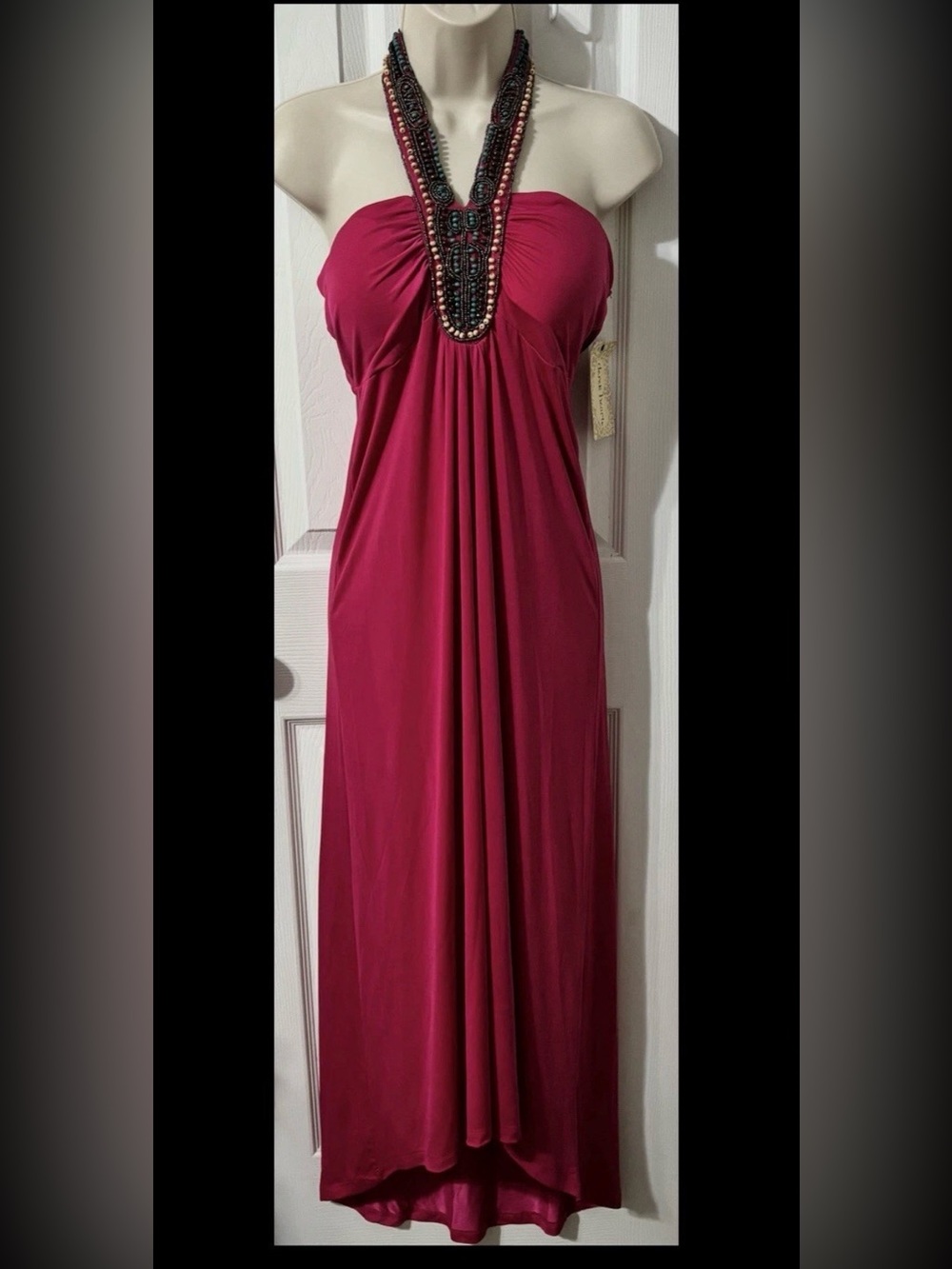 Derek Heart Pink Solid Beaded Halter Neck Stretch Maxi Dress Women's Size L
